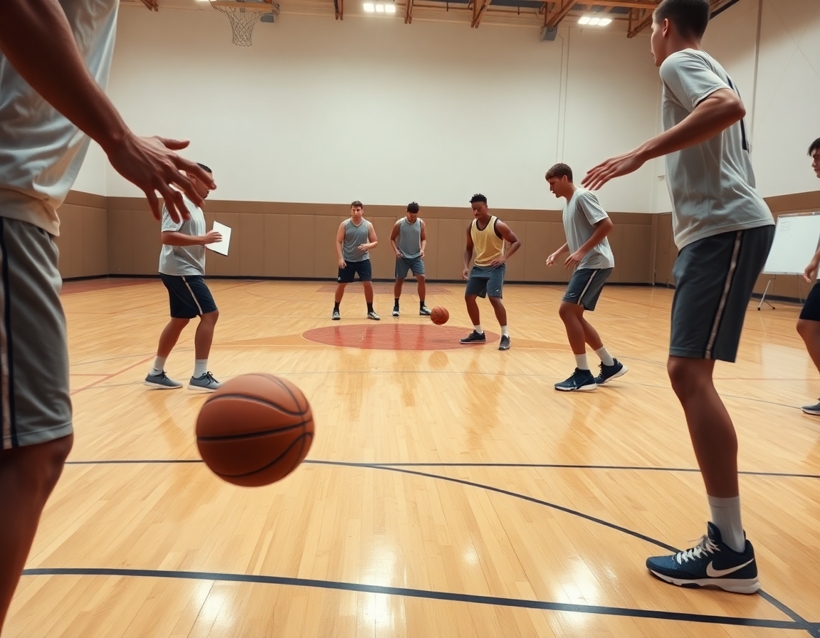 Allenatore mostra una rotazione difensiva: esercizi difesa esordienti basket in palestra durante drill.