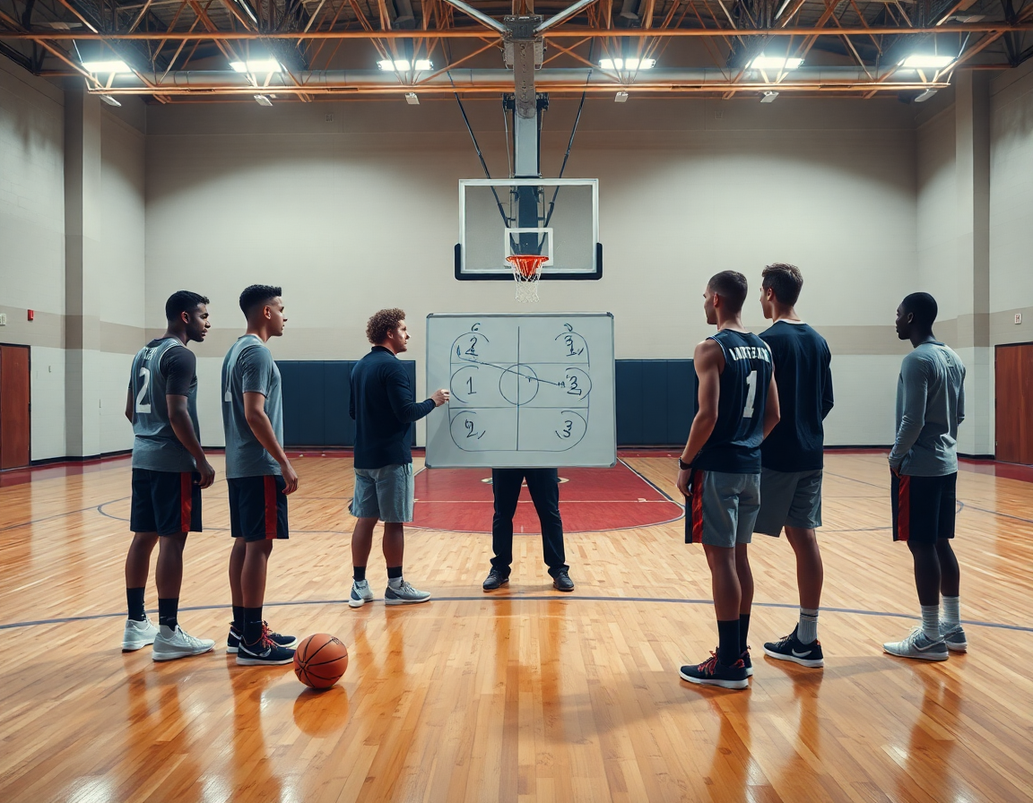 Allenatore mostra una rotazione difensiva: esercizi difesa esordienti basket in palestra durante drill.