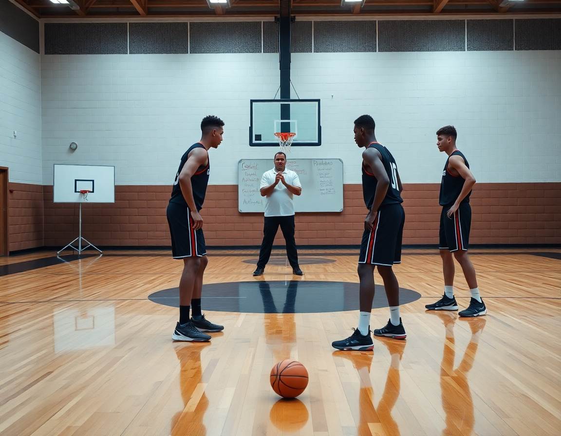 Allenamento difesa individuale basket: coach spiega movimenti difensivi con lavagna tattica durante sessione pratica.