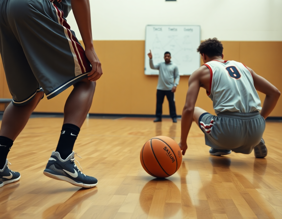 Primo piano delle mani su un pallone arancione durante una difesa individuale basket in palestra.