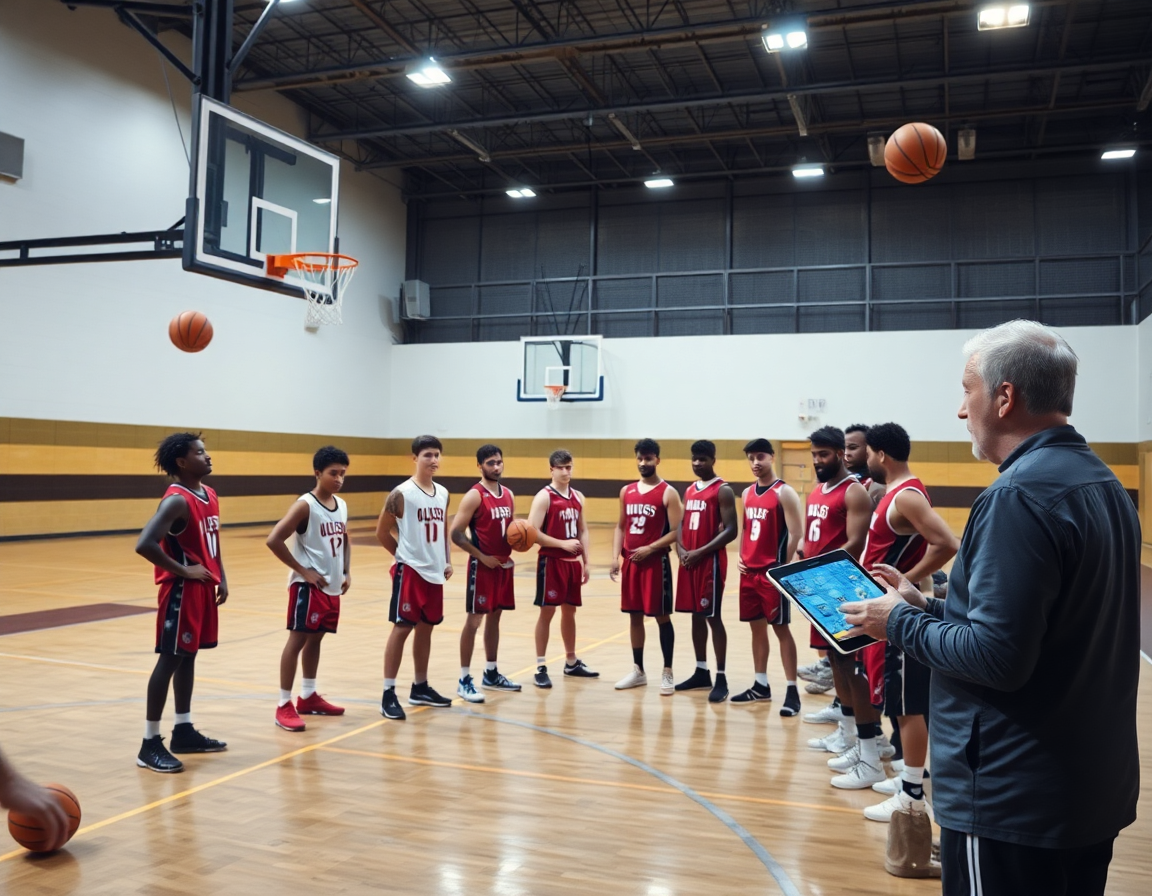 Gruppo di giocatori in muro difensivo mentre il coach rivede clip per esercizi difesa individuale basket.