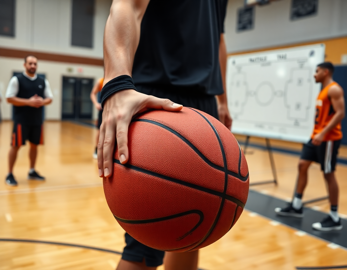 Primo piano su mani che stringono pallina da basket, lavagna tattica e esercizi minibasket 5 6 anni cremonini.