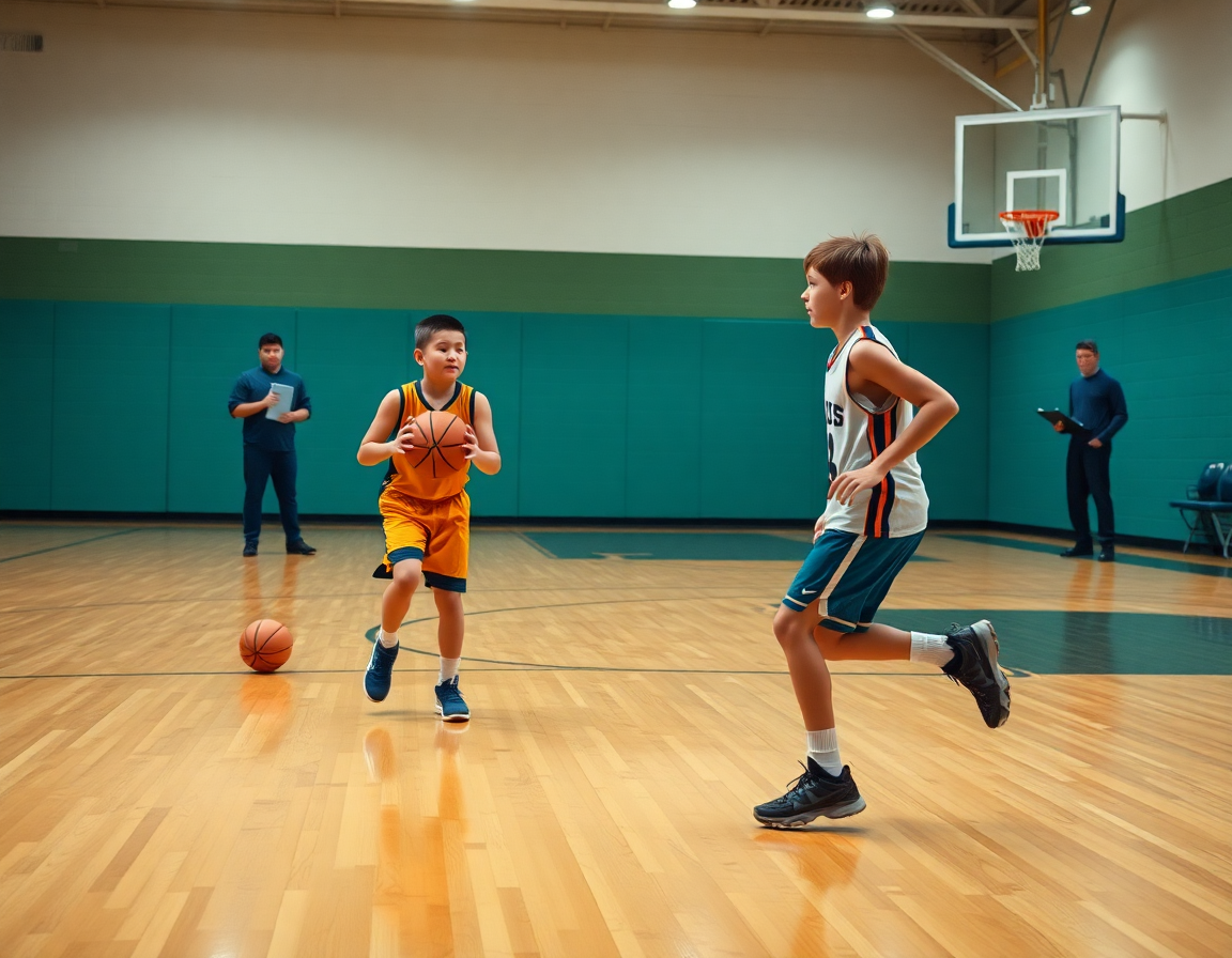 Due giovani giocatori praticano palleggio e passaggio durante una sessione di basketball in palestra.