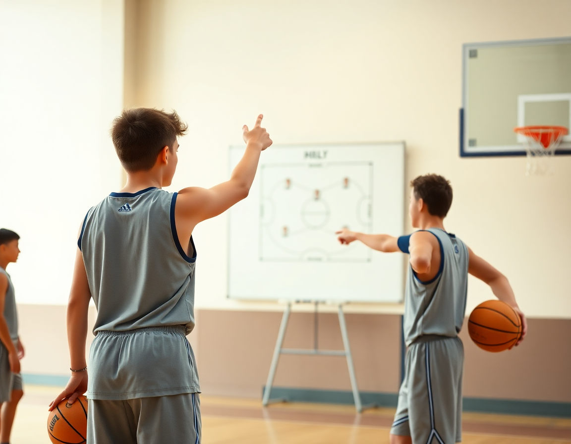 Primo piano su due giocatori minibasket in allenamento mentre il coach gestisce esercizi minibasket adattamento e trasformazione.