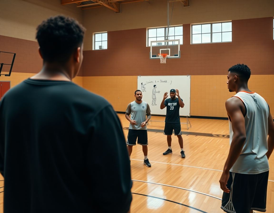 In primo piano tre giovani giocatori minibasket seguono esercizi minibasket adattamento e trasformazione guidati dal coach.