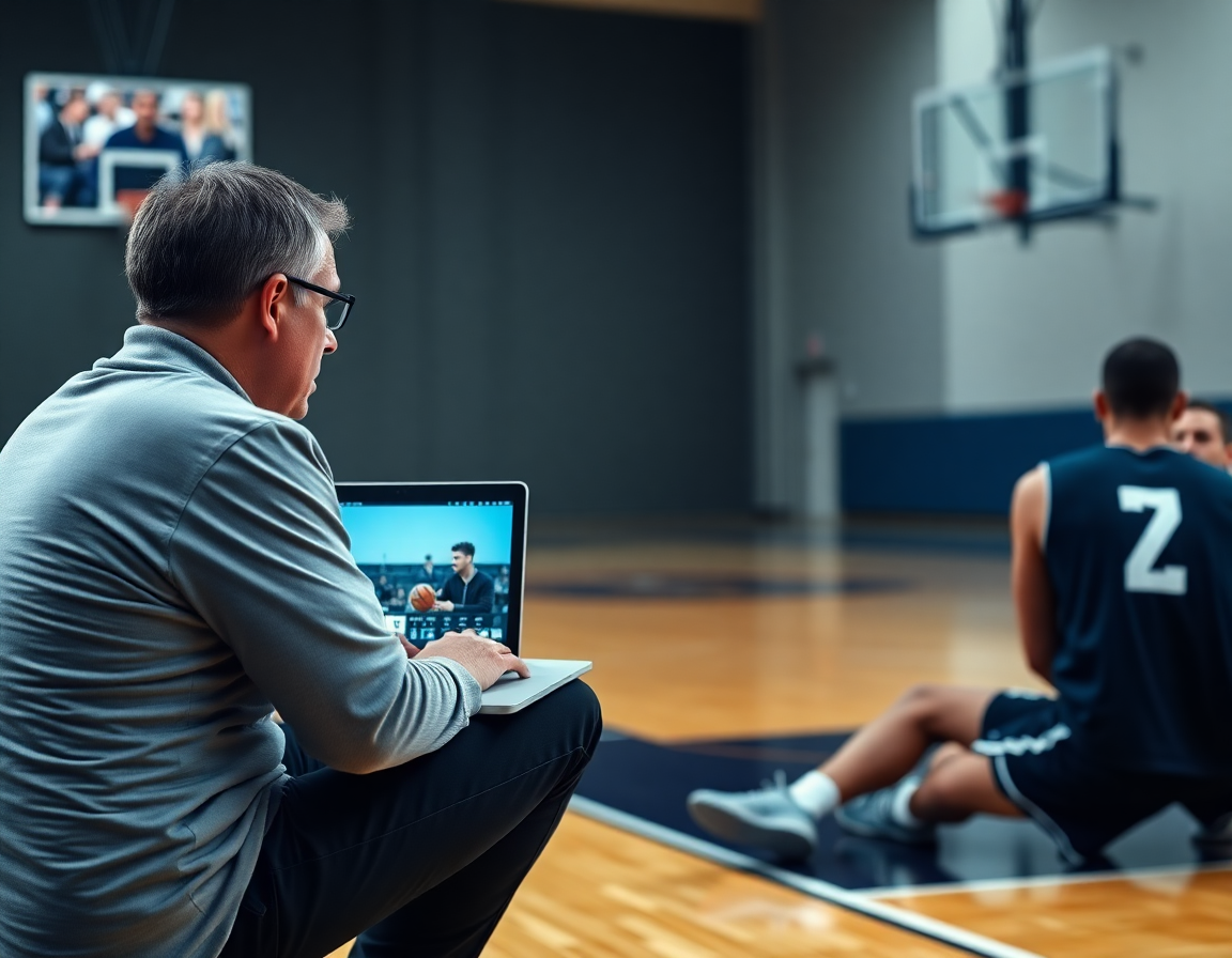Allenatore al margine guarda clip video di basket durante una sessione, monitorando esercizi minibasket adattamento e trasformazione.