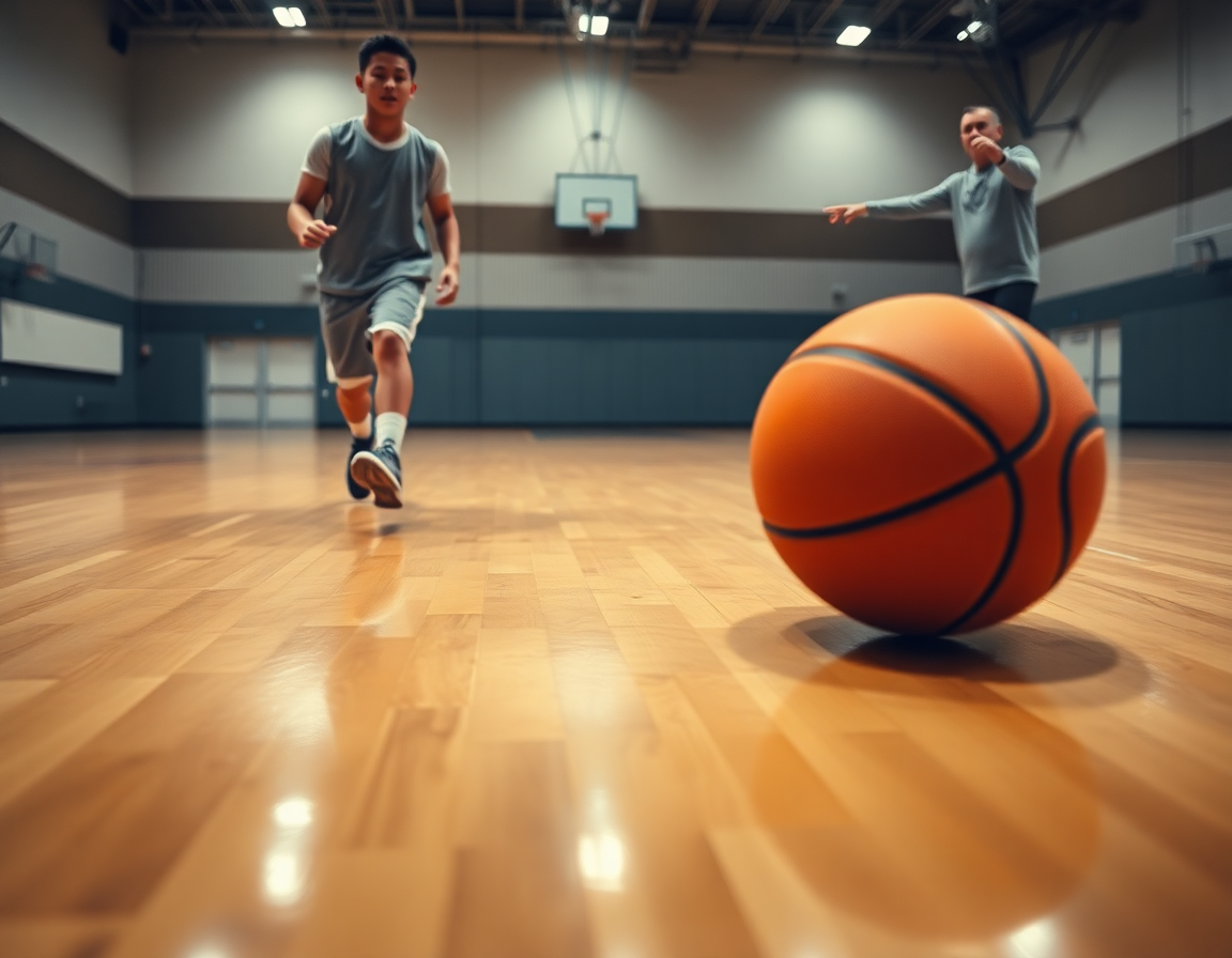 Scena intensiva di esercizi minibasket aquilotti: dribbling, passaggi e sostegno del coach.