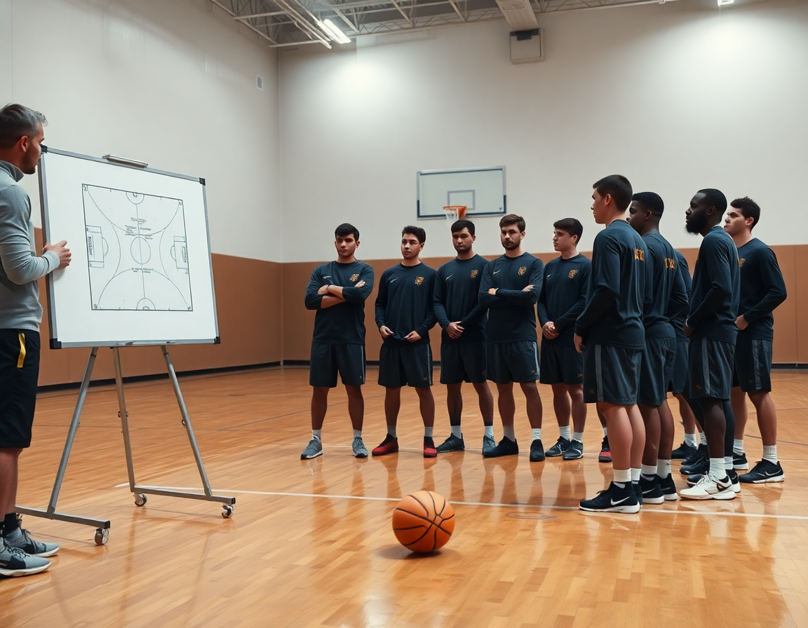 Coach davanti a una tavola bianca: schemi semplici per esercizi minibasket aquilotti con la squadra.
