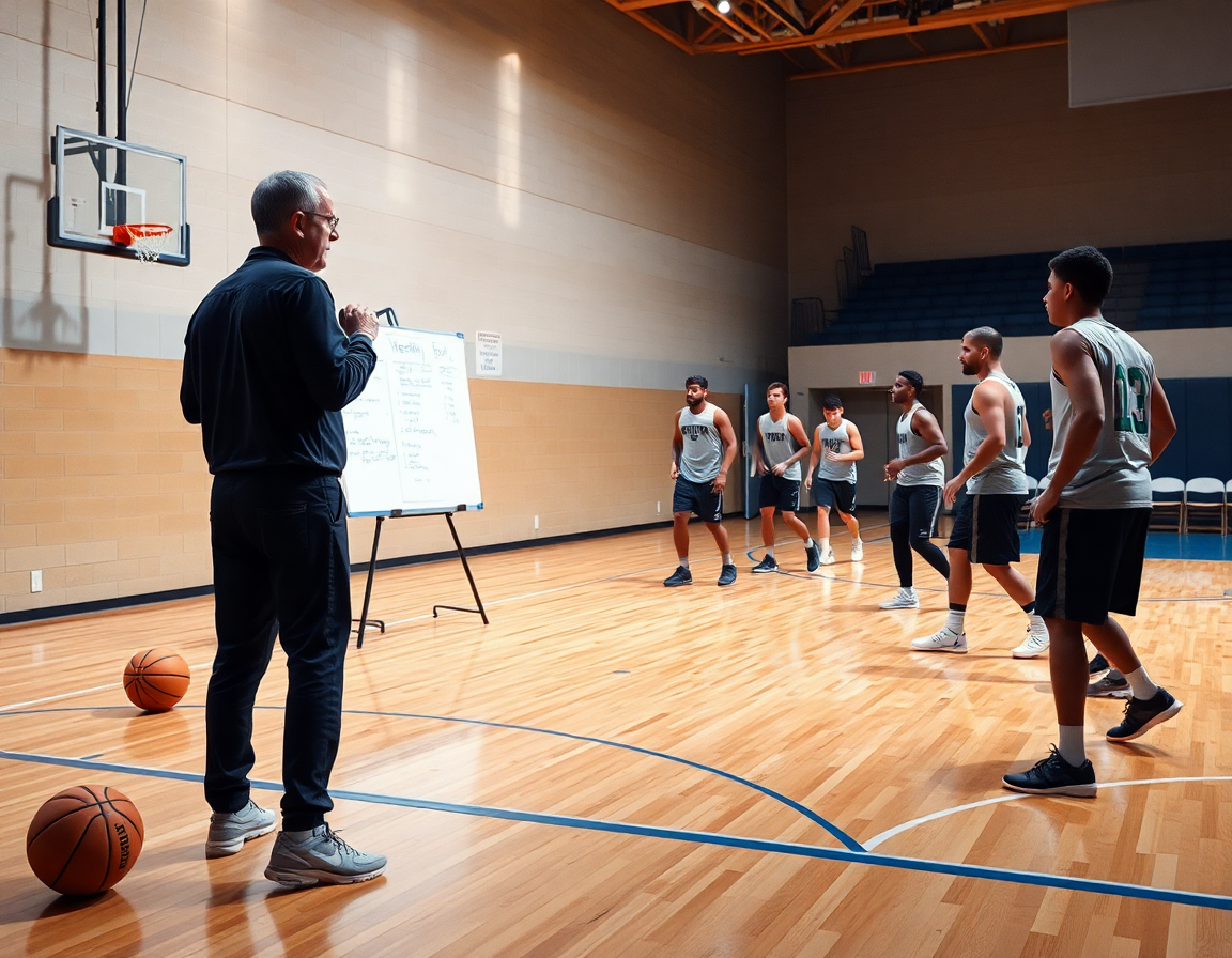 Coach spiega workflow settimanale della difesa minibasket accanto a lavagna tattica durante basketball, con esercizi minibasket difesa.