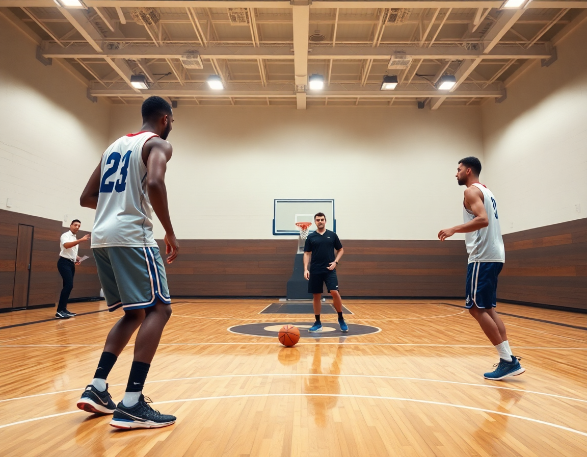 Allenamento 1 contro 1 in palestra: esercizi minibasket difesa tra giocatori, coach osserva.