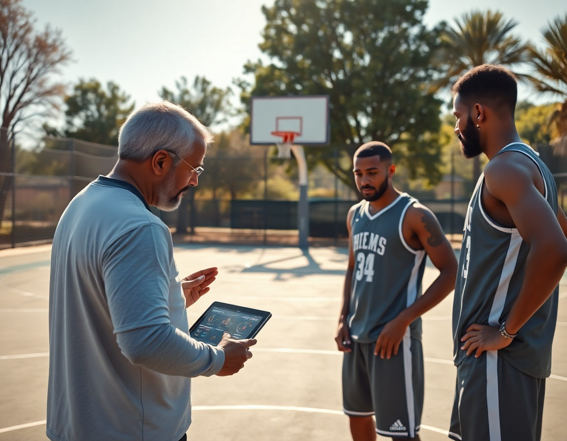 Scouting difensivo: giocatori guardano clip su tablet in campo da basketball, esercizi minibasket difesa discussi.