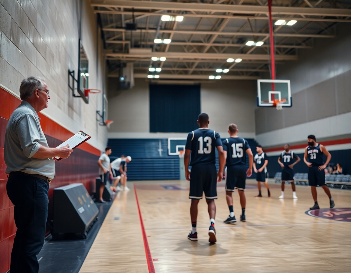 Allenatore con una lavagna spiega esercizi minibasket mentre i giocatori si muovono sul parquet.
