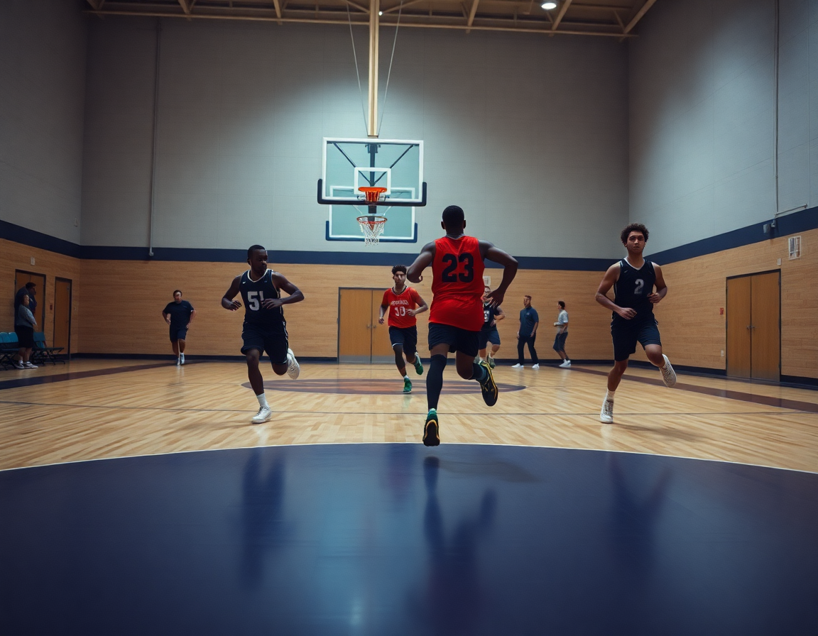 Tre giocatori eseguono esercizi minibasket correndo lungo il perimetro mentre gli altri osservano.