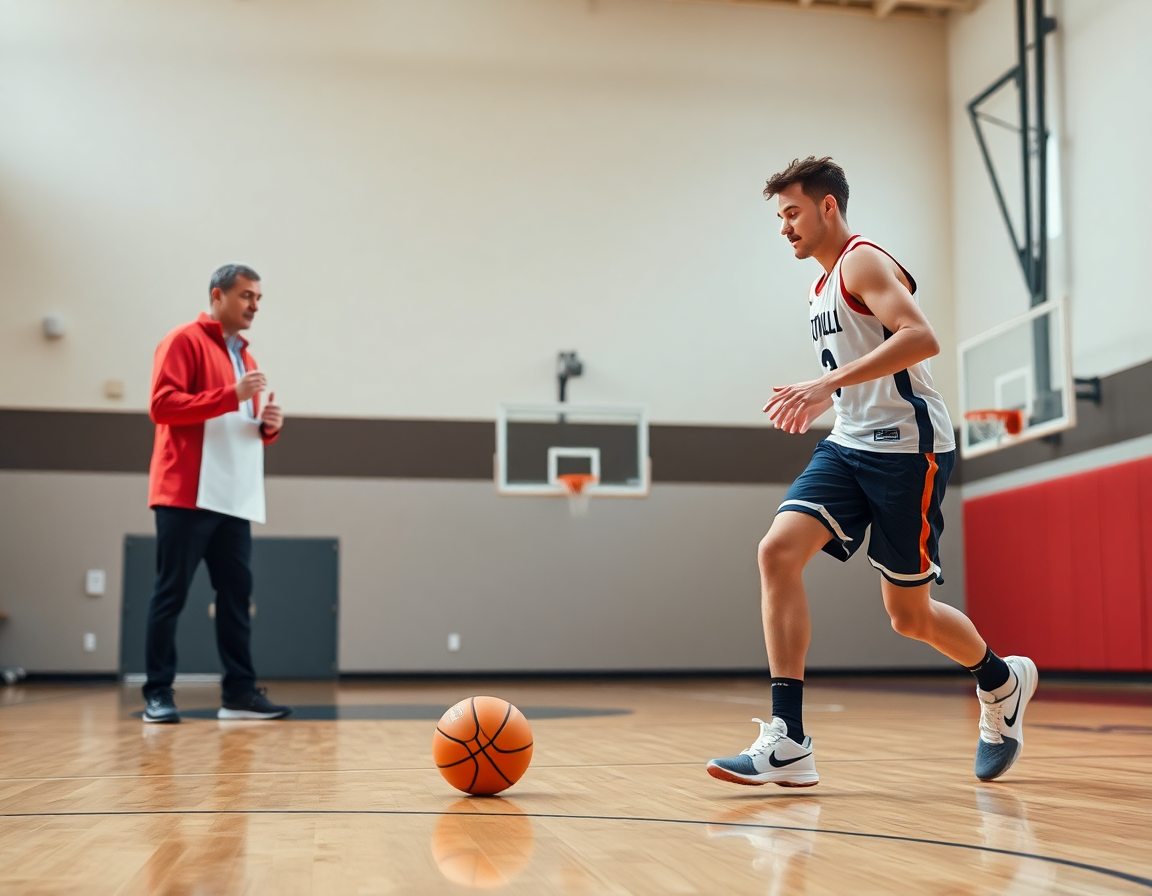 Primo piano su esercizi minibasket scoiattoli durante dribbling su campo di legno e lavagna tattica.