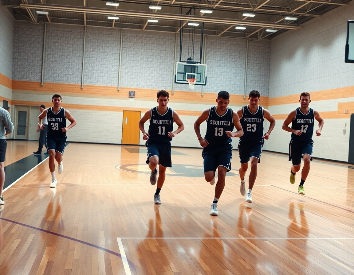 Quattro giocatori esercizi minibasket scoiattoli corrono su campo in legno mentre il coach indica la prossima giocata.