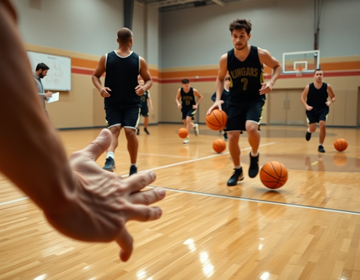 Dettaglio mani guidano esercizi palleggio basket bambini su campo in legno, coach annota varianti su lavagna.