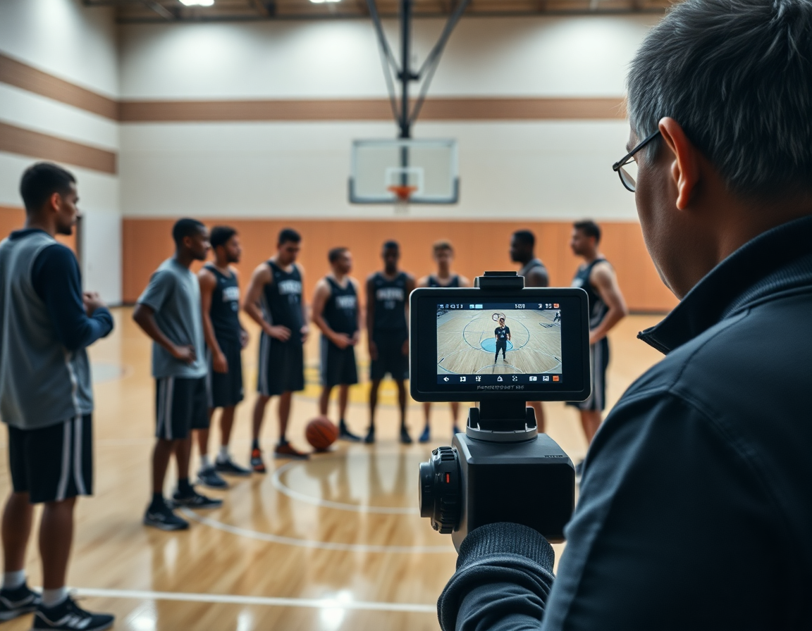 Allenatore registra esercizi palleggio basket bambini in palestra mentre i ragazzi guardano sul monitor.