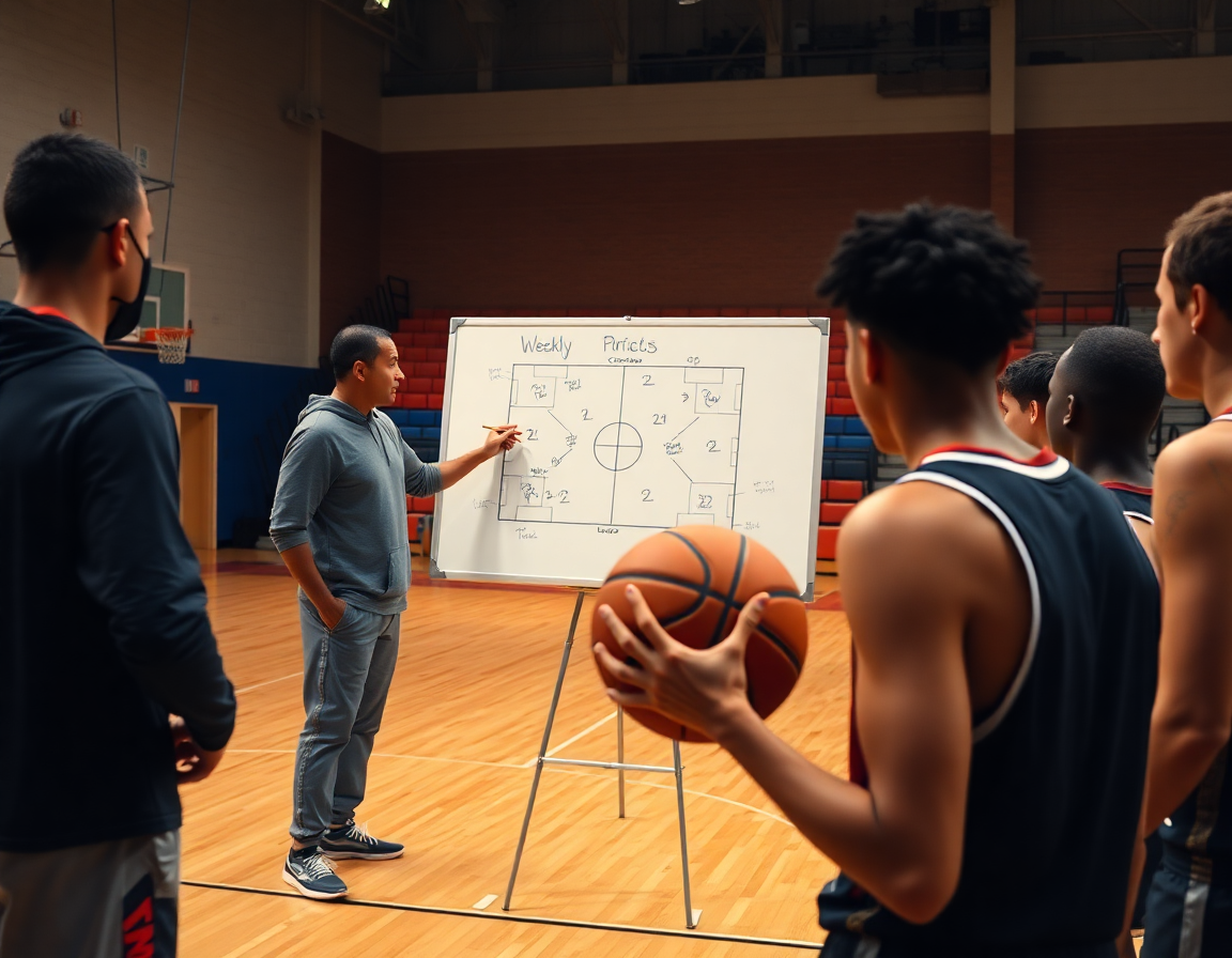 Dettaglio di esercizi palleggio basket durante una sessione di pianificazione settimanale: coach, giocatori e palle.