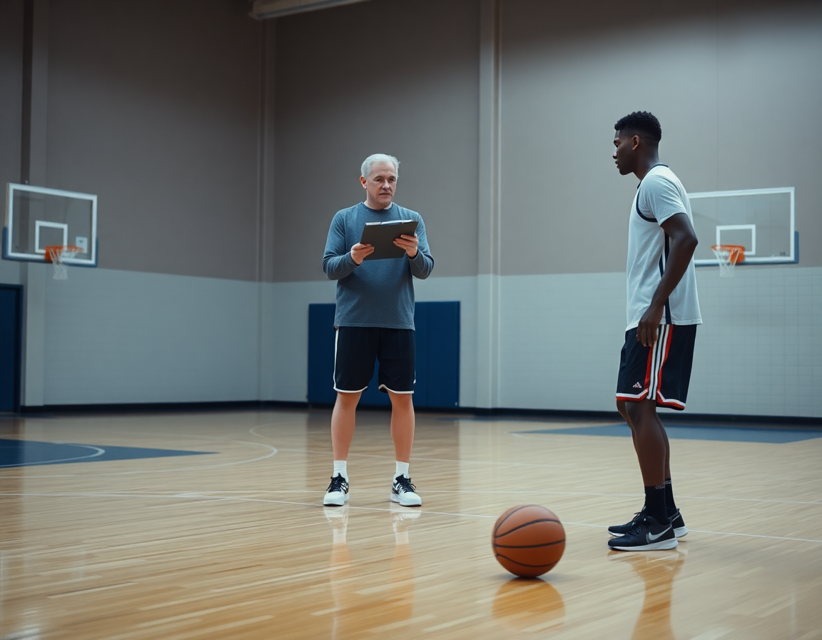Primo piano su due giocatori che eseguono esercizi palleggio basket; il coach annota correzioni con una lavagna.
