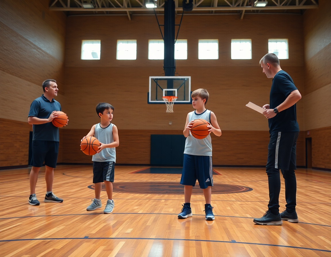 Esercizi palleggio basket under 13 sul campo indoor, coach osserva i giovani durante l'allenamento.