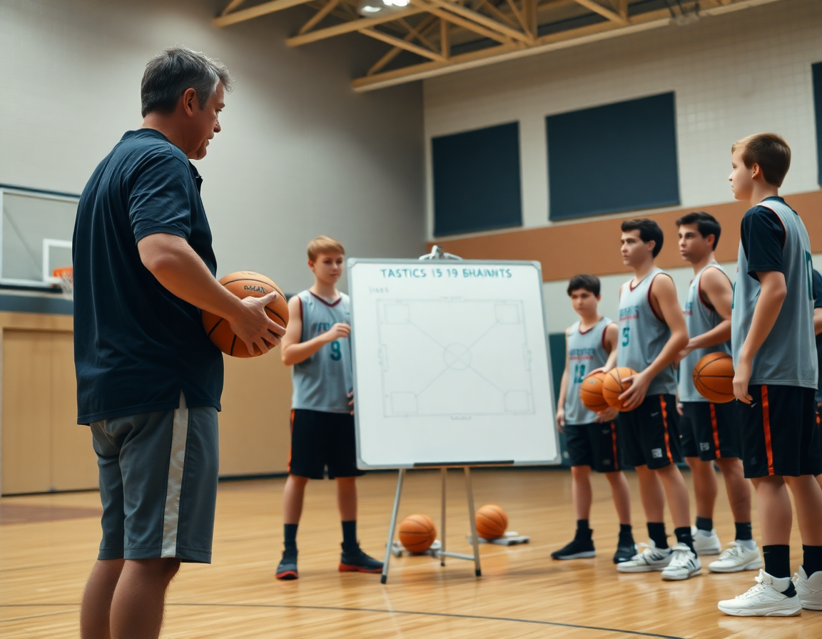 Esercizi palleggio basket under 13: coach e ragazzi seguono una lavagna tattica durante l'allenamento.