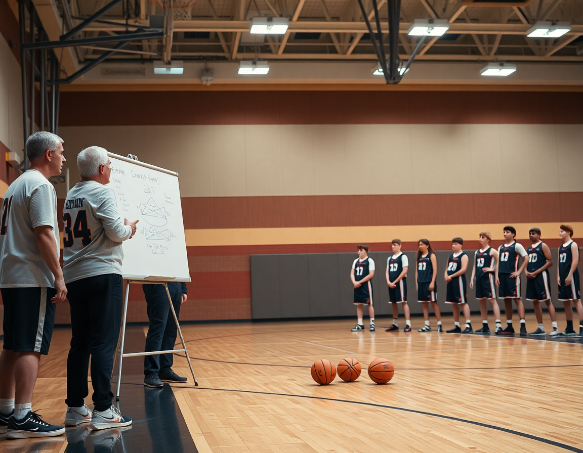 Esercizi palleggio basket under 13: lavagna tattica mostra diagrammi mentre i ragazzi praticano palleggio-tiro.