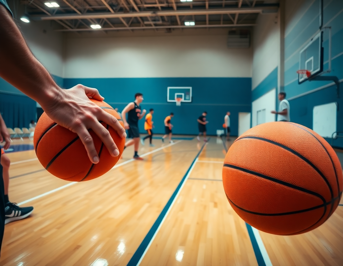 Dettaglio mani su pallone mentre esercizi palleggio e tiro basket si svolgono, coach e whiteboard.