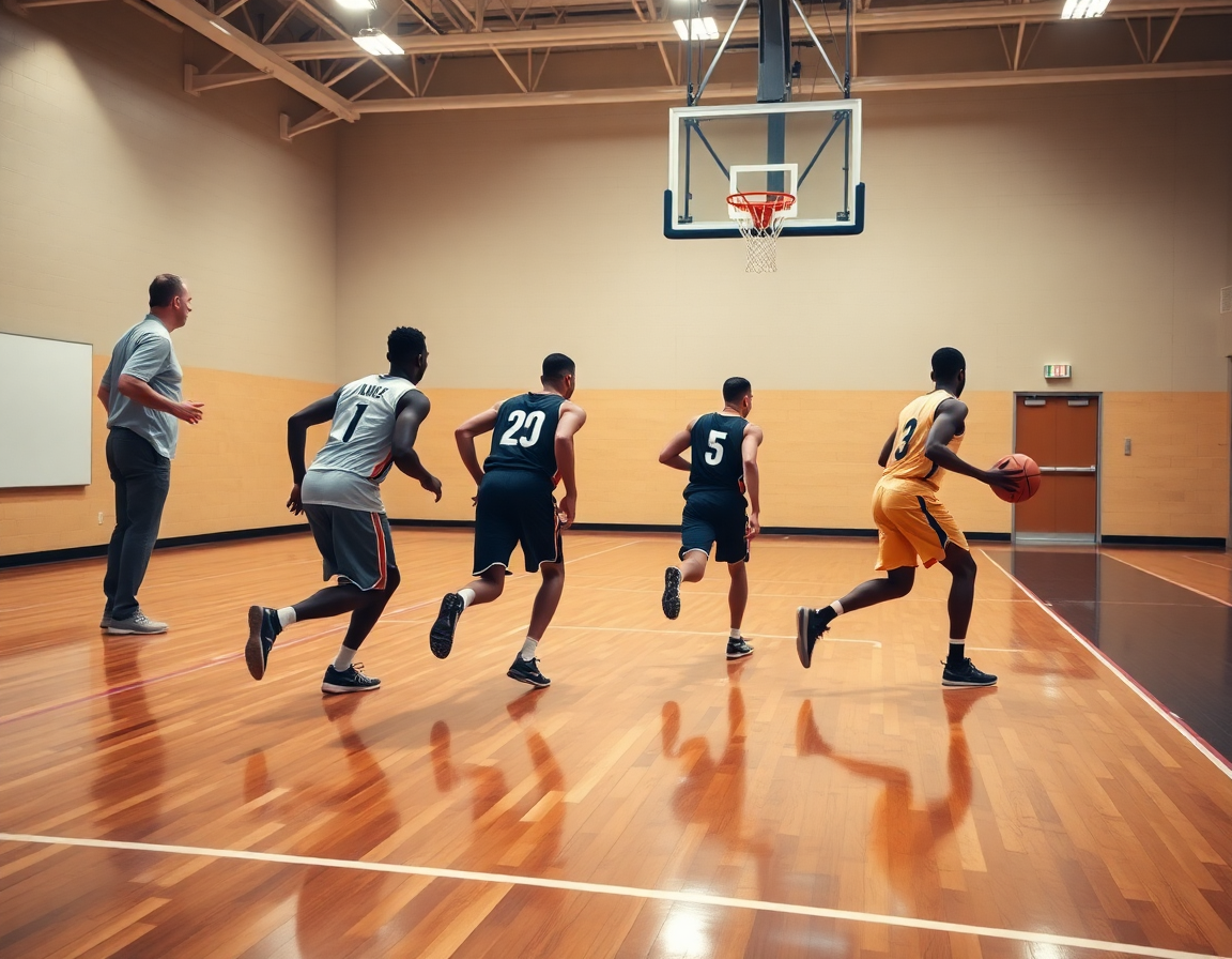 Tre giocatori eseguono una sequenza vicino al canestro, esercizi palleggio e tiro basket in primo piano.