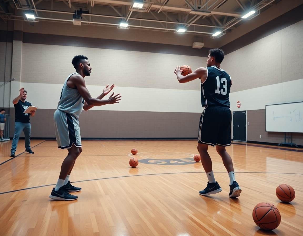 Allenatore osserva esercizi passaggio basket durante l'allenamento vicino al canestro.