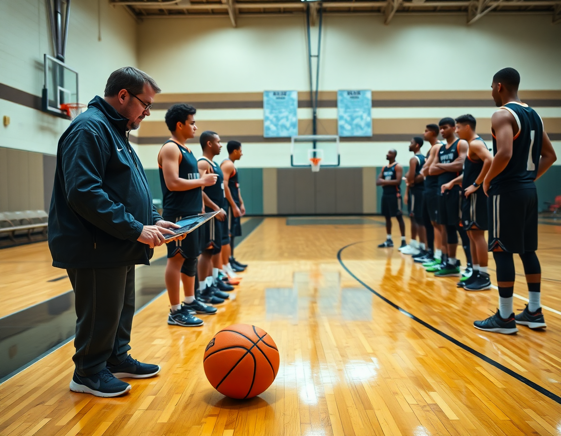 Allenatore e assistenti guardano clip video per esercizi passaggio basket durante la pausa allenamento.