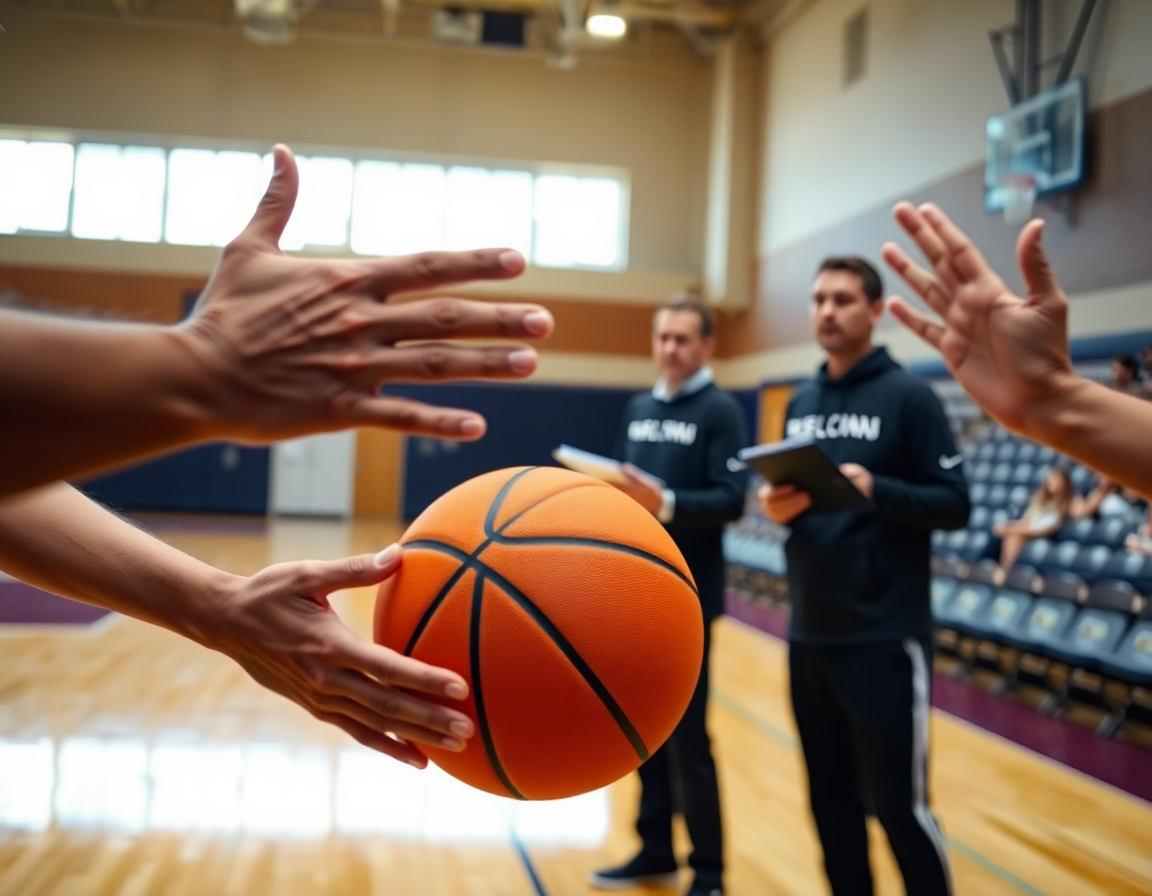 Dettaglio mani che passano una basketball durante esercizi passaggio e tiro basket.