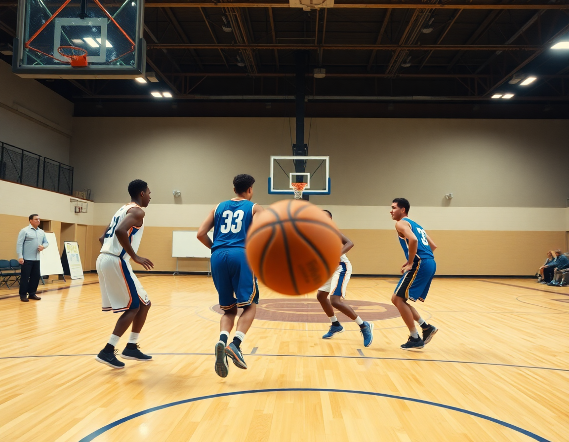 Scena ampia di giocatori che eseguono esercizi passaggio e tiro basket sul campo.