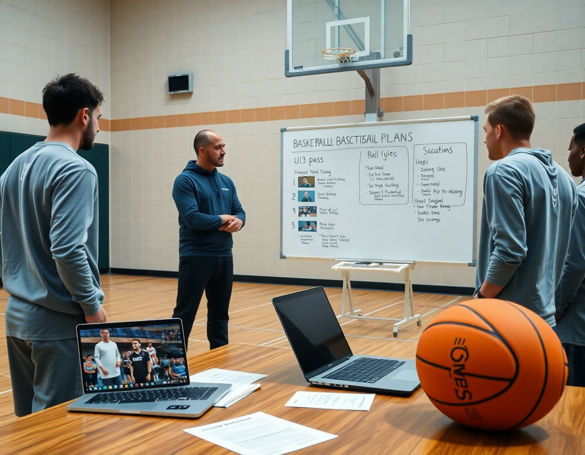 Allenamento settimanale di esercizi passaggio U13 basket, coach spiega piano e mostra clip video