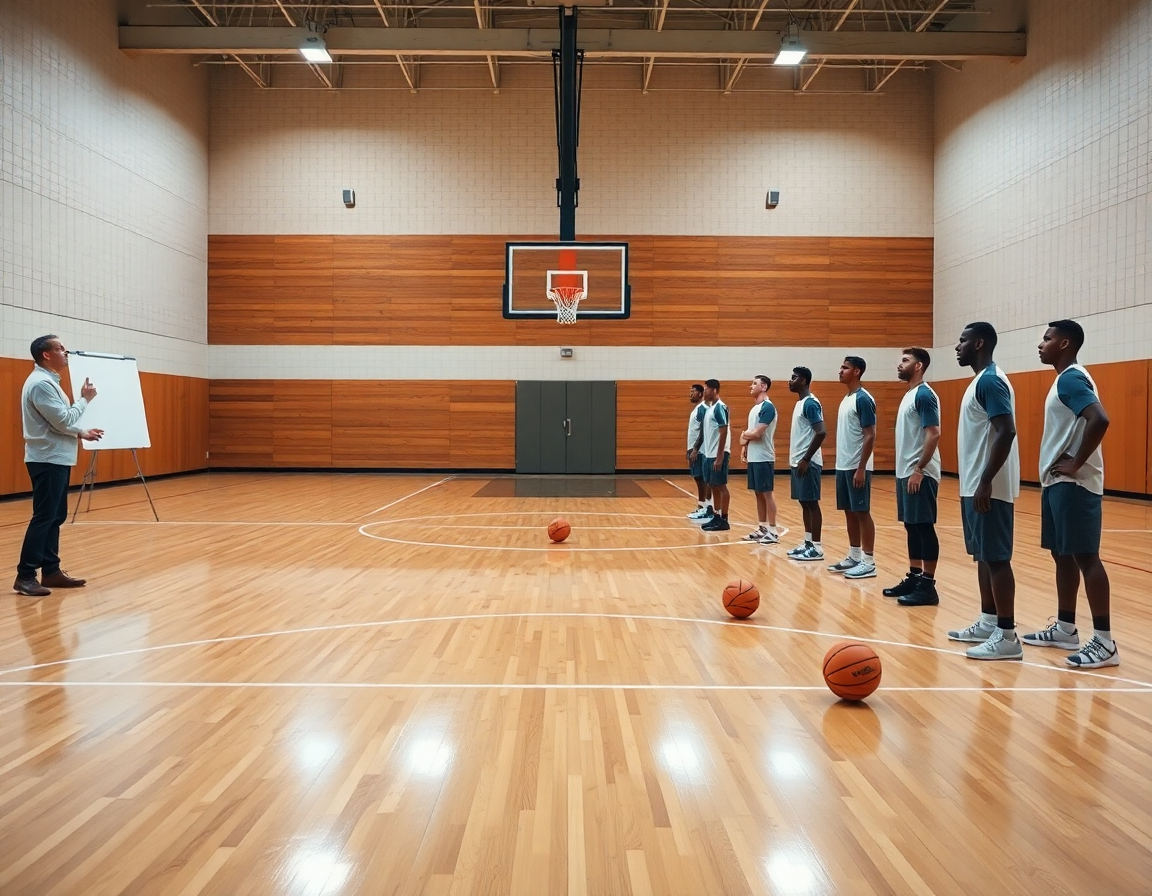 Allenatore osserva una sessione di tiro basket mentre giocatori praticano dal perimetro in palestra.