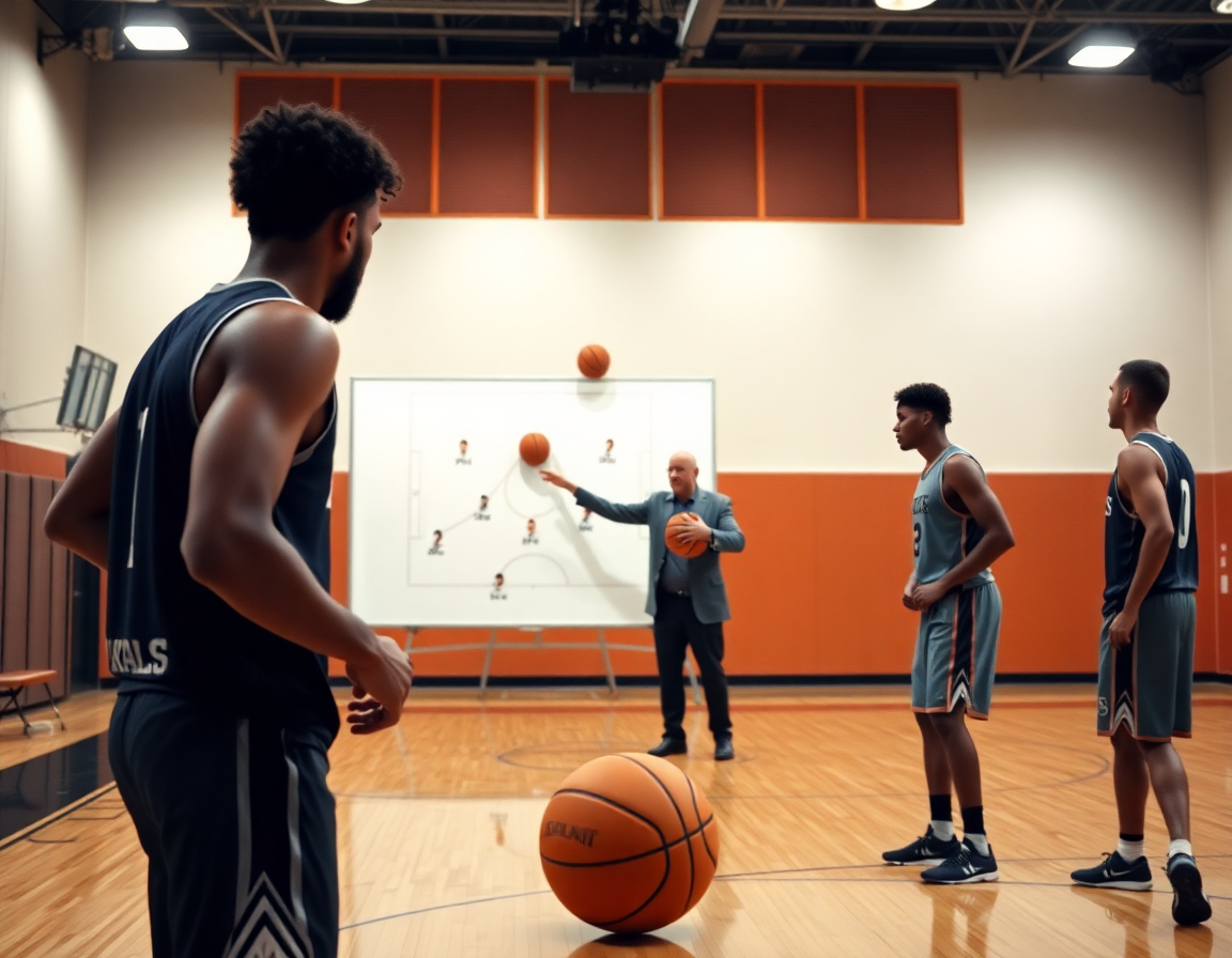 Dettaglio di esercizi per minibasket in allenamento: coach e giocatori eseguono una drill.