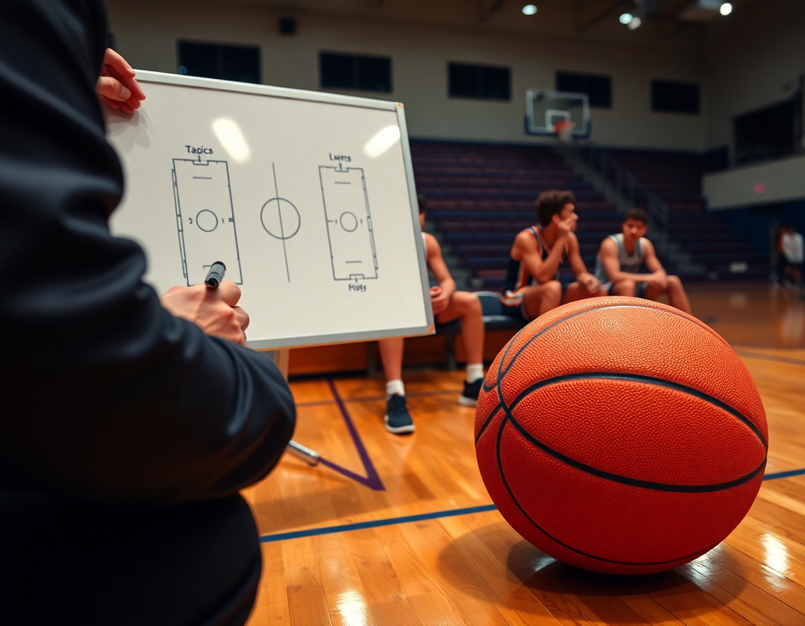 Primo piano su esercizi per minibasket: coach guida la lavagna tattica e i giocatori.