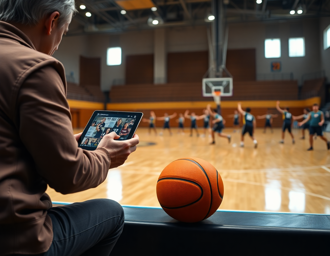 Scena laterale mostra esercizi per minibasket e clip di momenti chiave su tablet.
