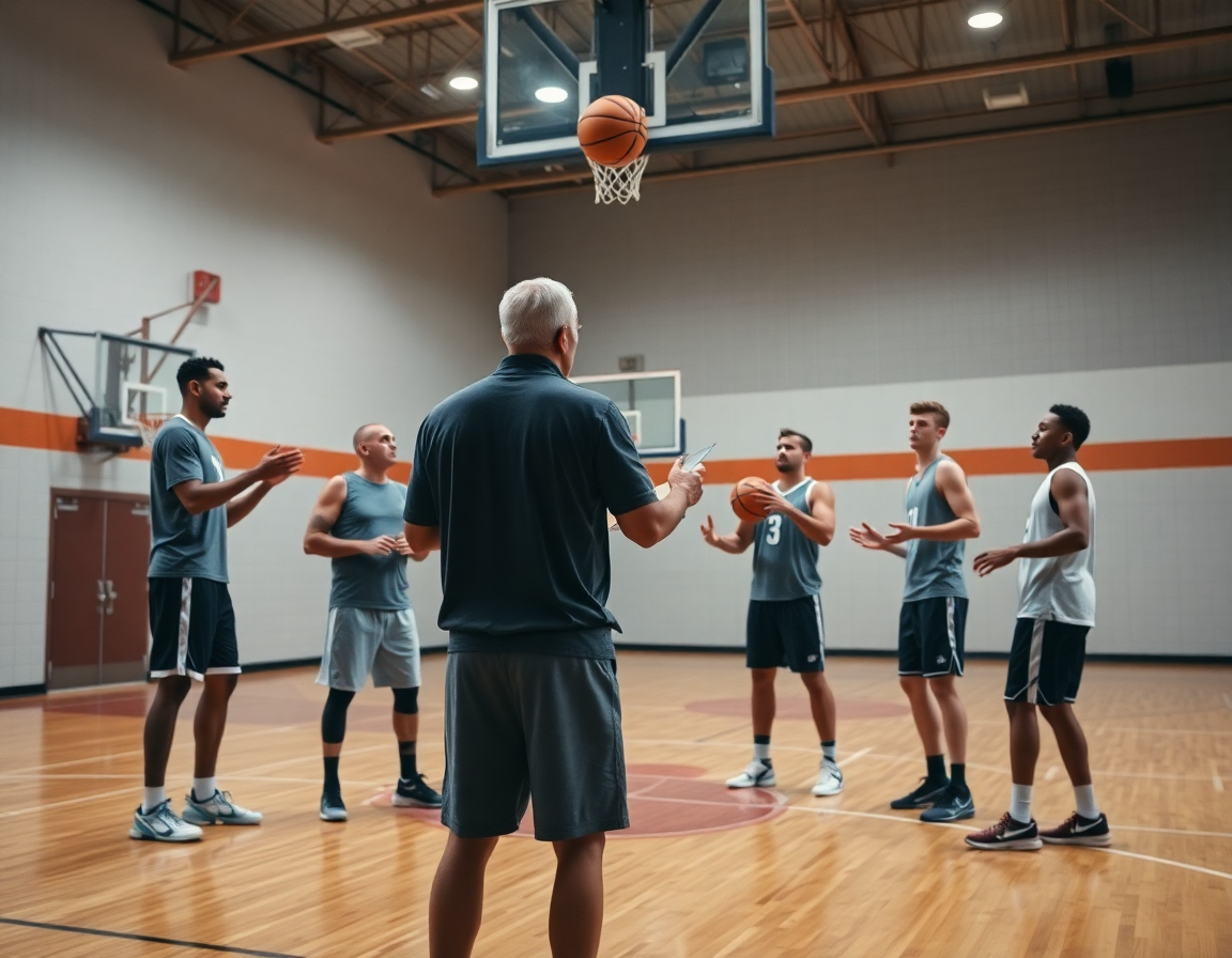 Allenatore con clipboard guida esercizi per passaggio basket durante la settimana di allenamento.