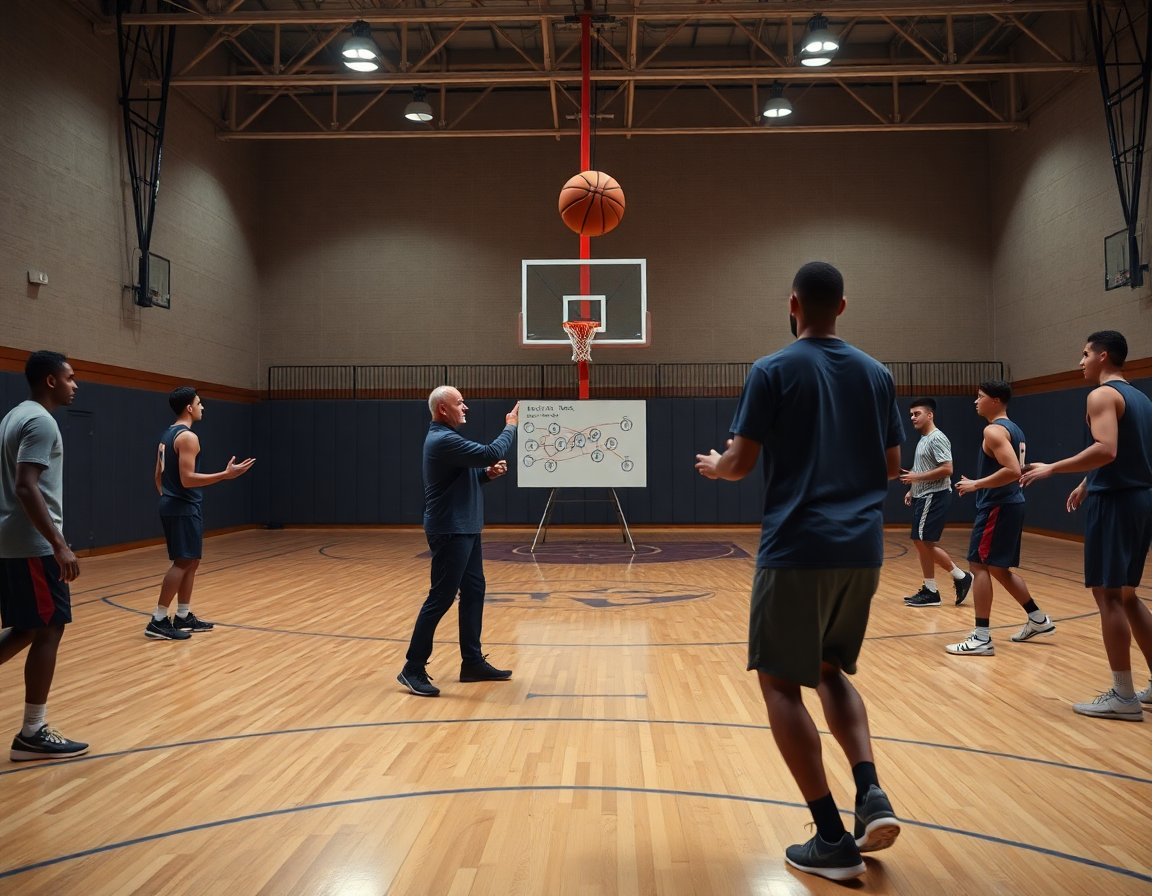 Allenatore mostra progressioni di passaggio e tempi di rilascio mentre i giocatori praticano basketball.