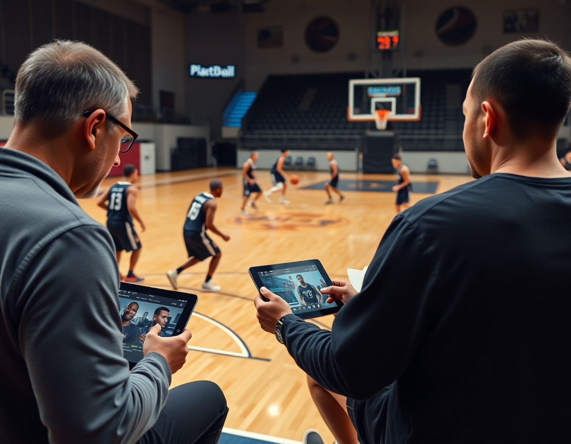 Allenatore e giocatori guardano clip di basketball sul tablet mentre discutono scouting e pianificazione.