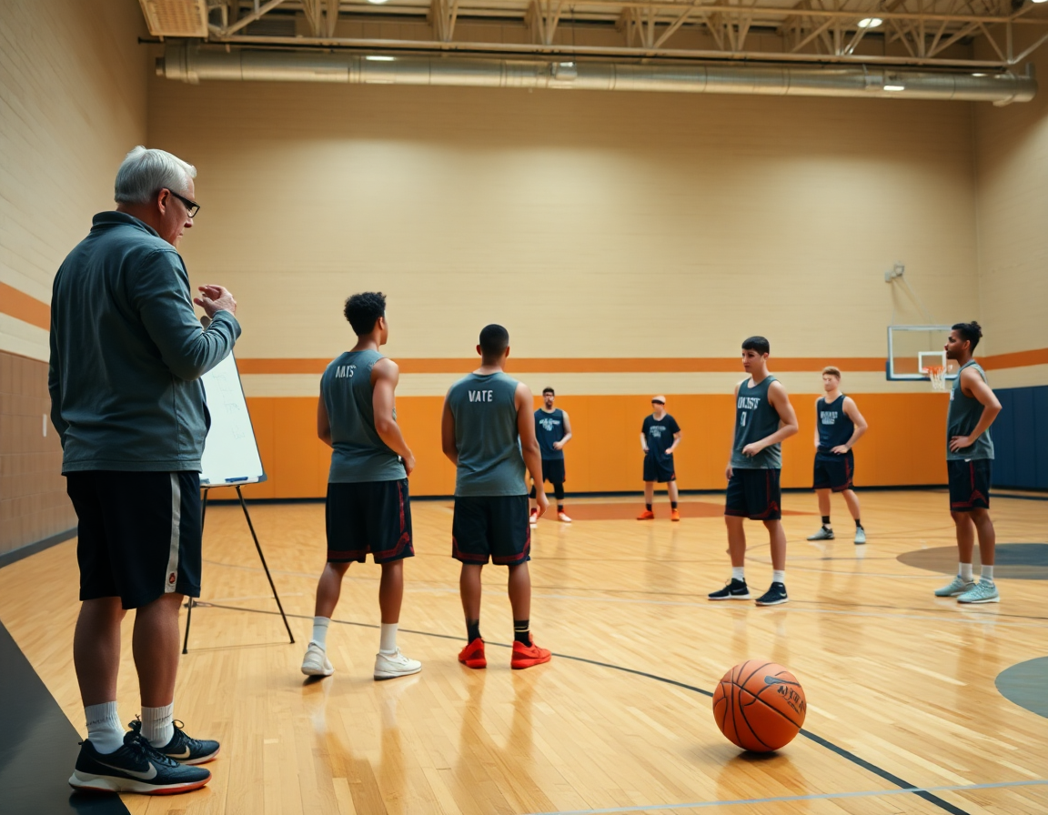 Allenatore mostra difesa post basso durante sessione di basketball in palestra.