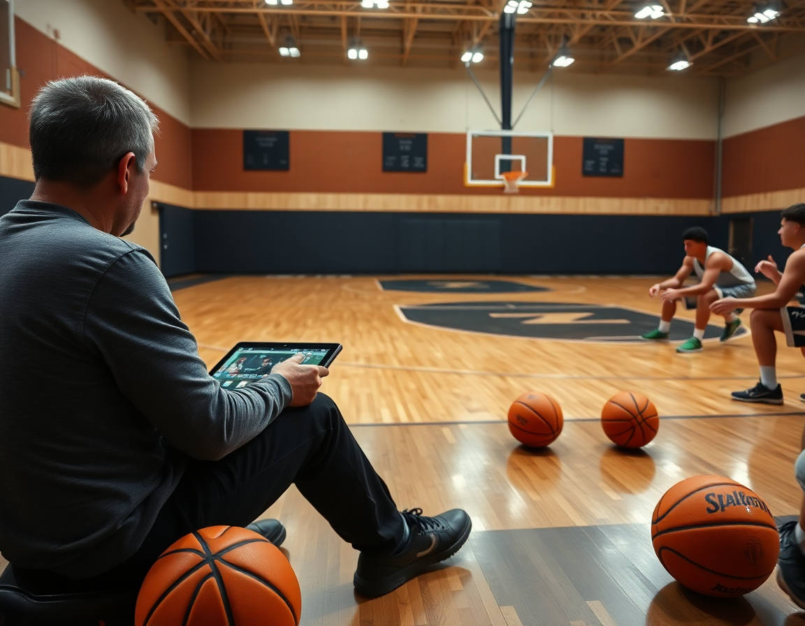 Allenatore guarda video clip di basket per migliorare difesa post basso basket.