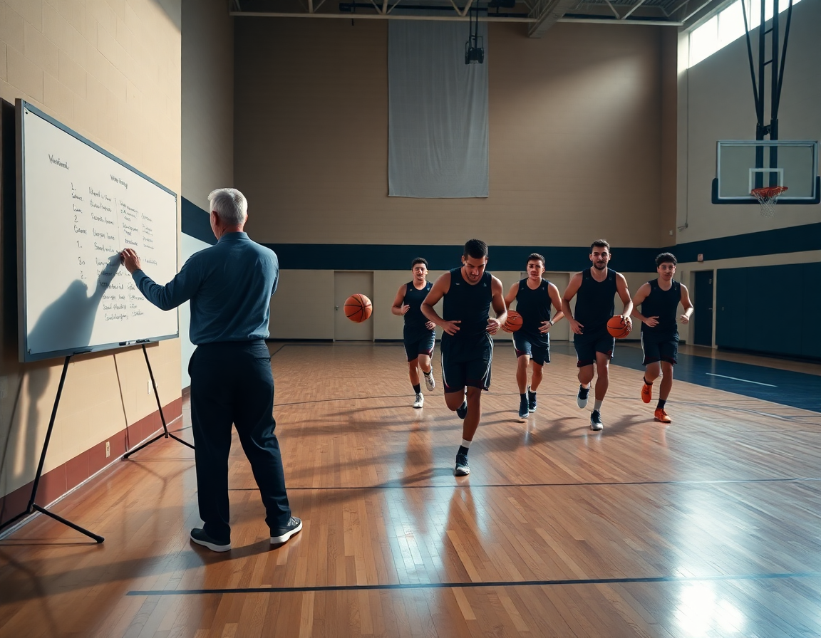 All'inizio della settimana, coach scrive gli esercizi di riscaldamento per basket sul whiteboard.