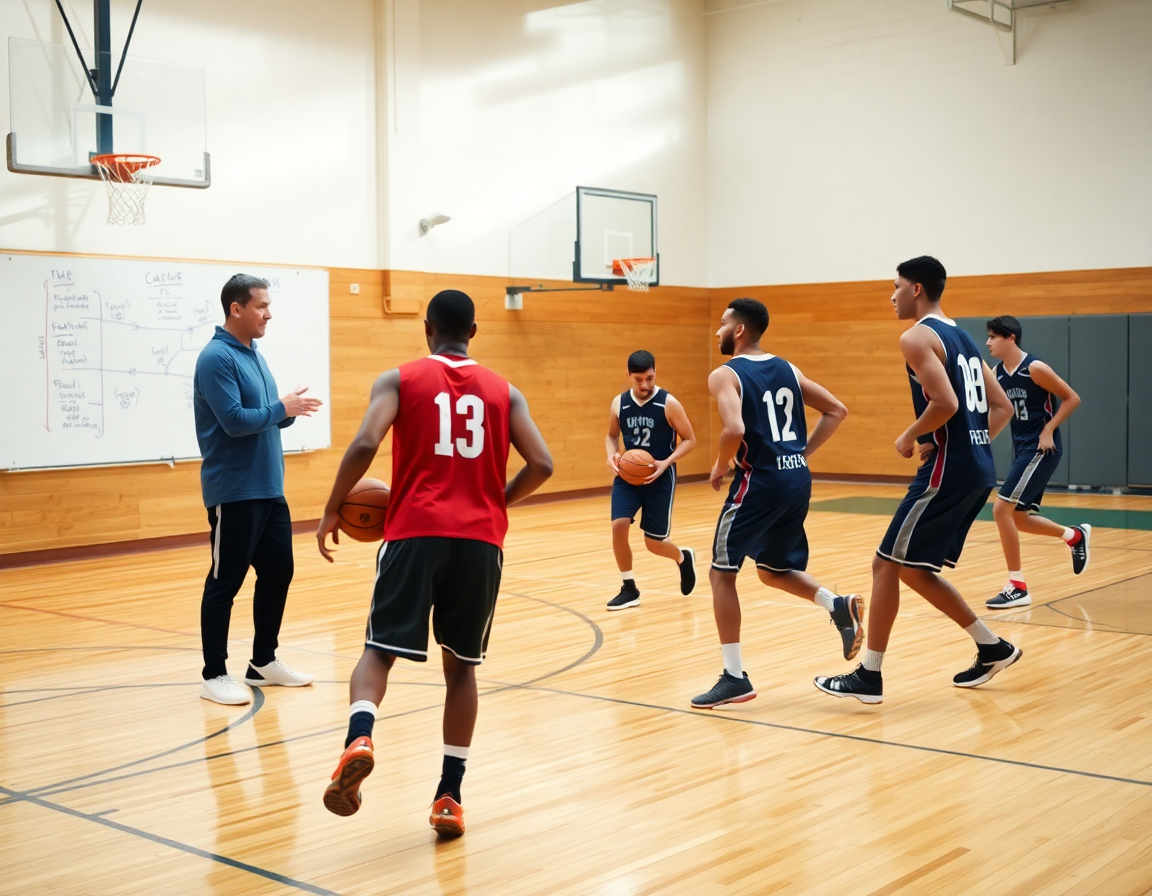 Durante una sessione di basket, l'allenatore guida gli esercizi di riscaldamento per basket.