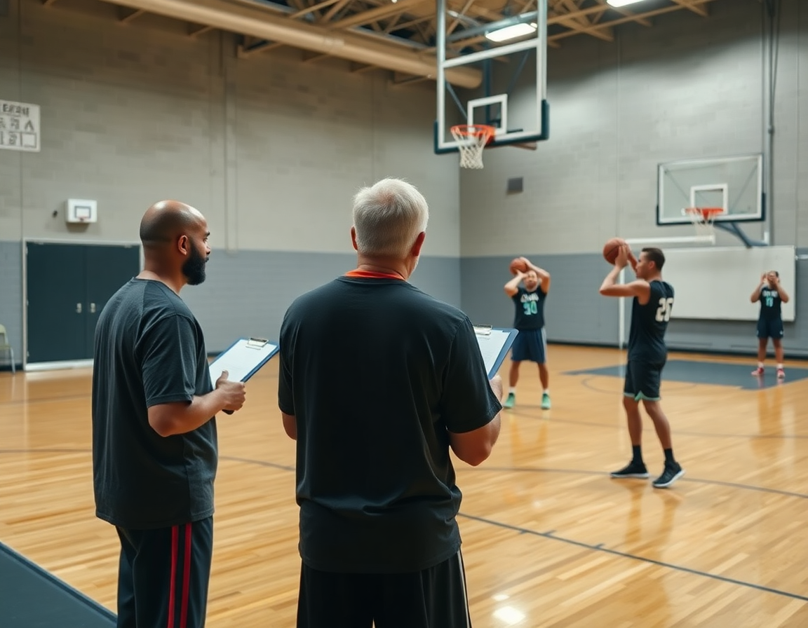 Scena di palestra di basket: esercizi tecnica di tiro basket in palestra, coach con lavagna e giocatori concentrati.