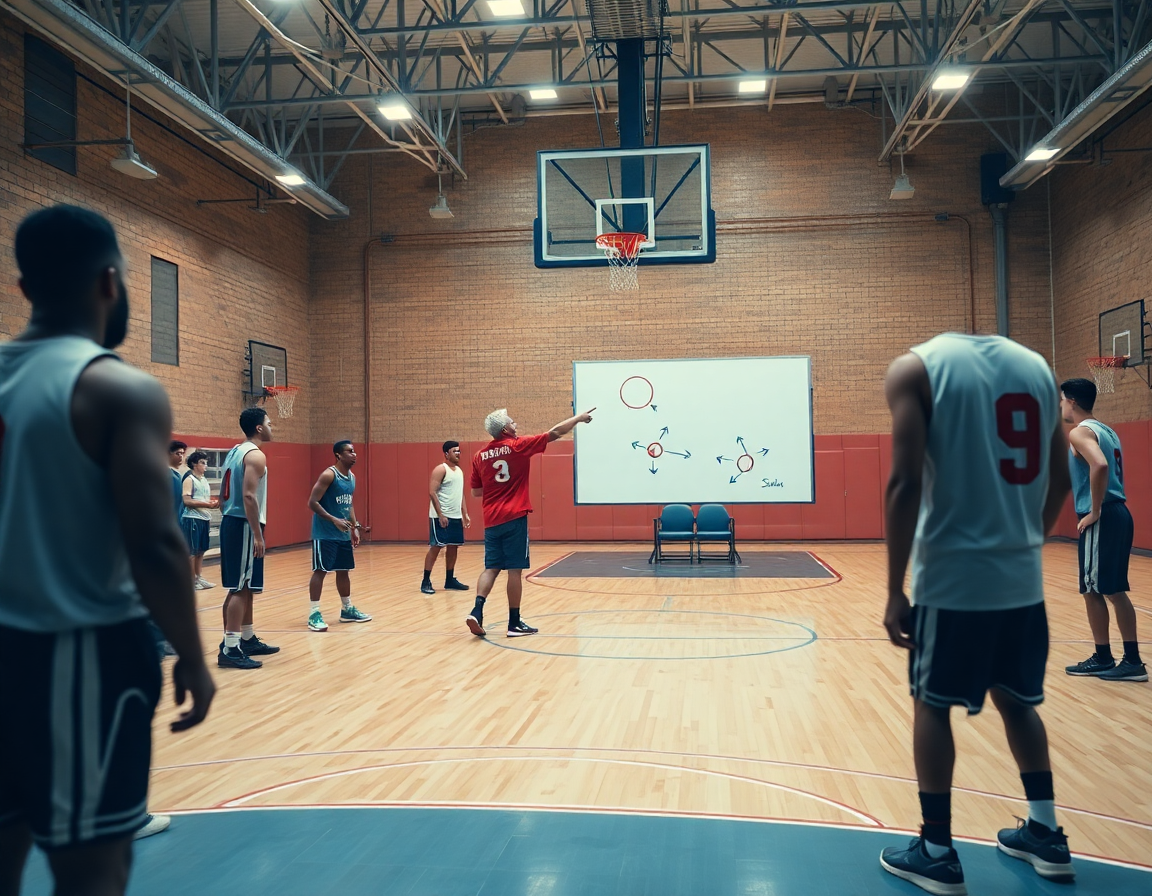 Interno di una palestra di basket: tavola tattica mostra schemi di tiro, esercizi tecnica di tiro basket.
