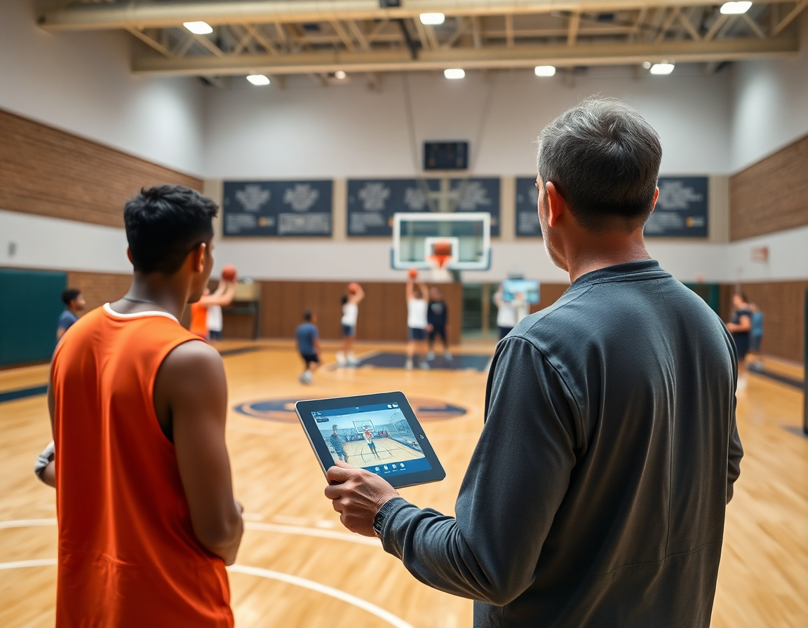 Scena interna di una palestra di basket: video e feedback guidano esercizi tecnica di tiro basket.