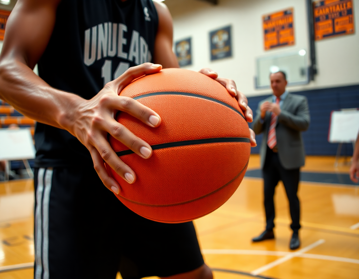 Close-up di una mano sul pallone mentre si lavora sui tiratori con esercizi tiro basket pdf.