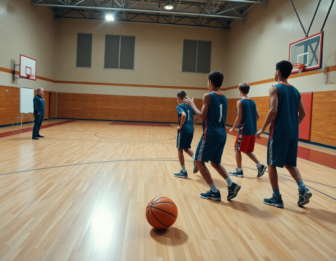 Mid-shot showing under-14 basketball players refining basketball shooting technique on a hardwood basketball court.
