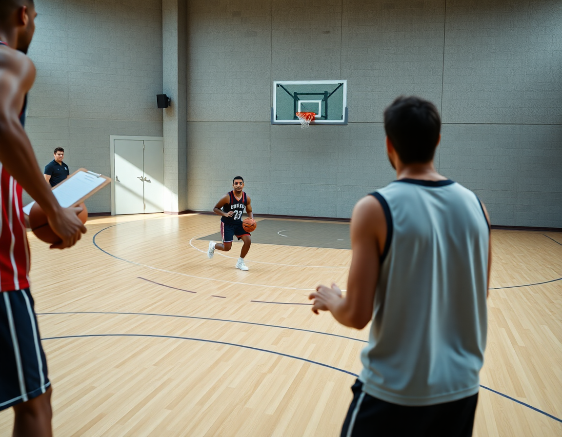 Close-up of a player dribbling a basketball during a tight drill on the hardwood.